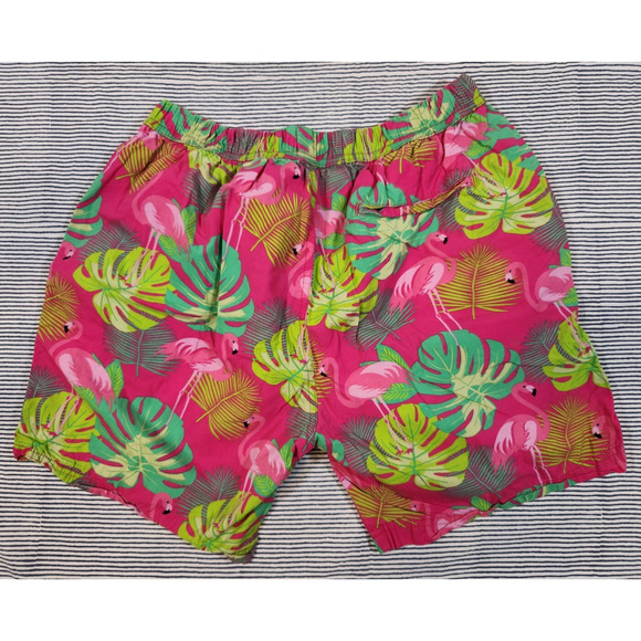 Massive $65 Large Pink Green Flamingo Tropical Stretch Waist Cotton Shorts - Picture 2 of 10
